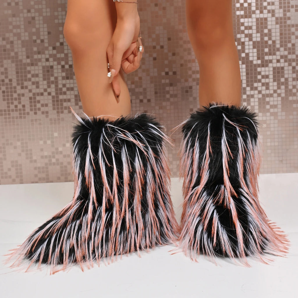 Women Faux Fur Boots Winter Fluffy Plush Warm Mid Calf Snow Boots Luxury Fashion Furry Boots Comfortable Outdoor Flat Shoes Zpaxo