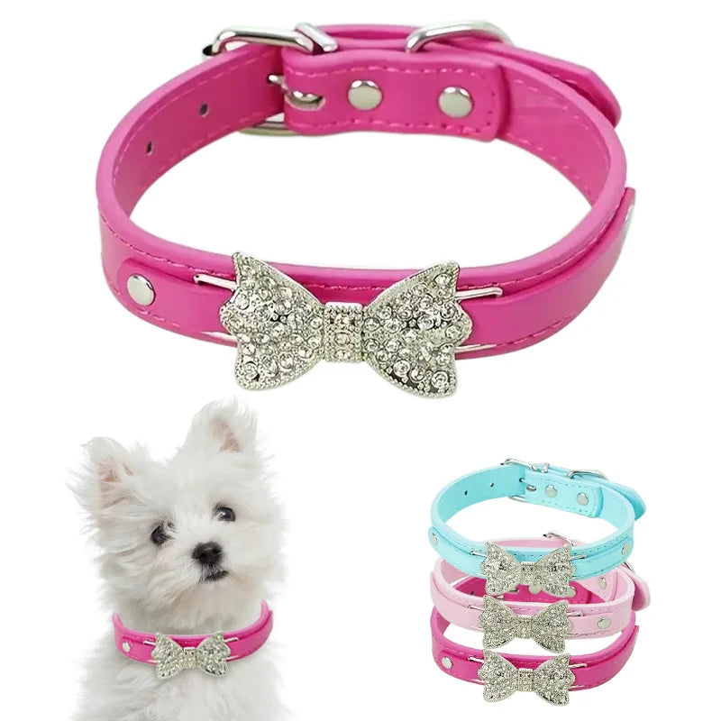 Crystal Bow Tie Pet Collar Soft Leather Cat Small Dog Necklace