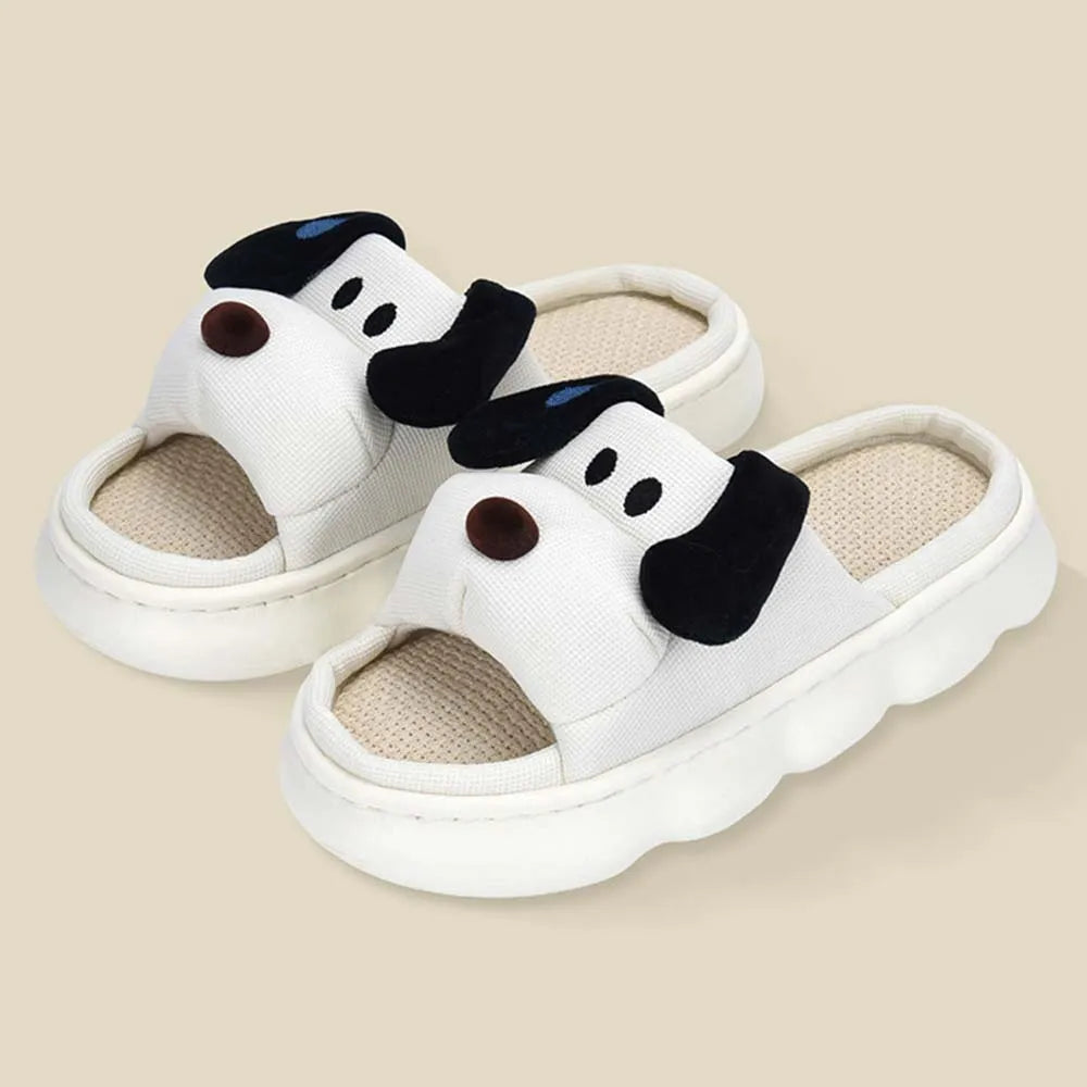 SHAJI Cute Cartoon Dog Linen Slides Summer Couple Platform Non Slip