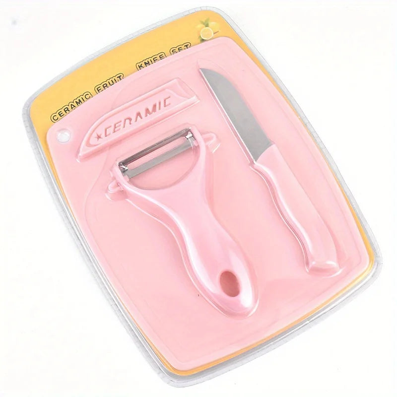 3PCS hree Piece Kitchen Multi-functional Melon And Fruit Knife Ceramic Fruit Knife Set T Peeler Vegetable Cutting Board Zpaxo Stainless Steel Pink
