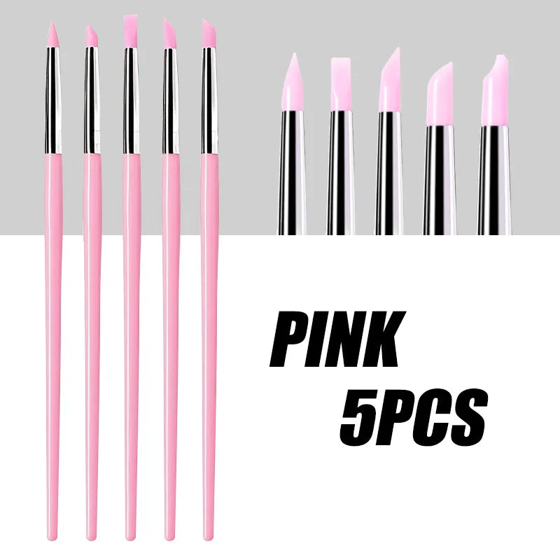 5Pcs/set Silicone Nail Brush UV Gel Polish Tip 3D Image DIY Dotting Polish Brushes Pen Professional DIY Manicure Tools Zpaxo Pink