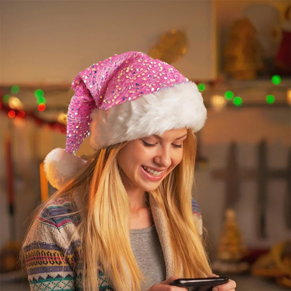 Sequin Santa Hat – Plush Fluffy Pompom for Adults & Kids