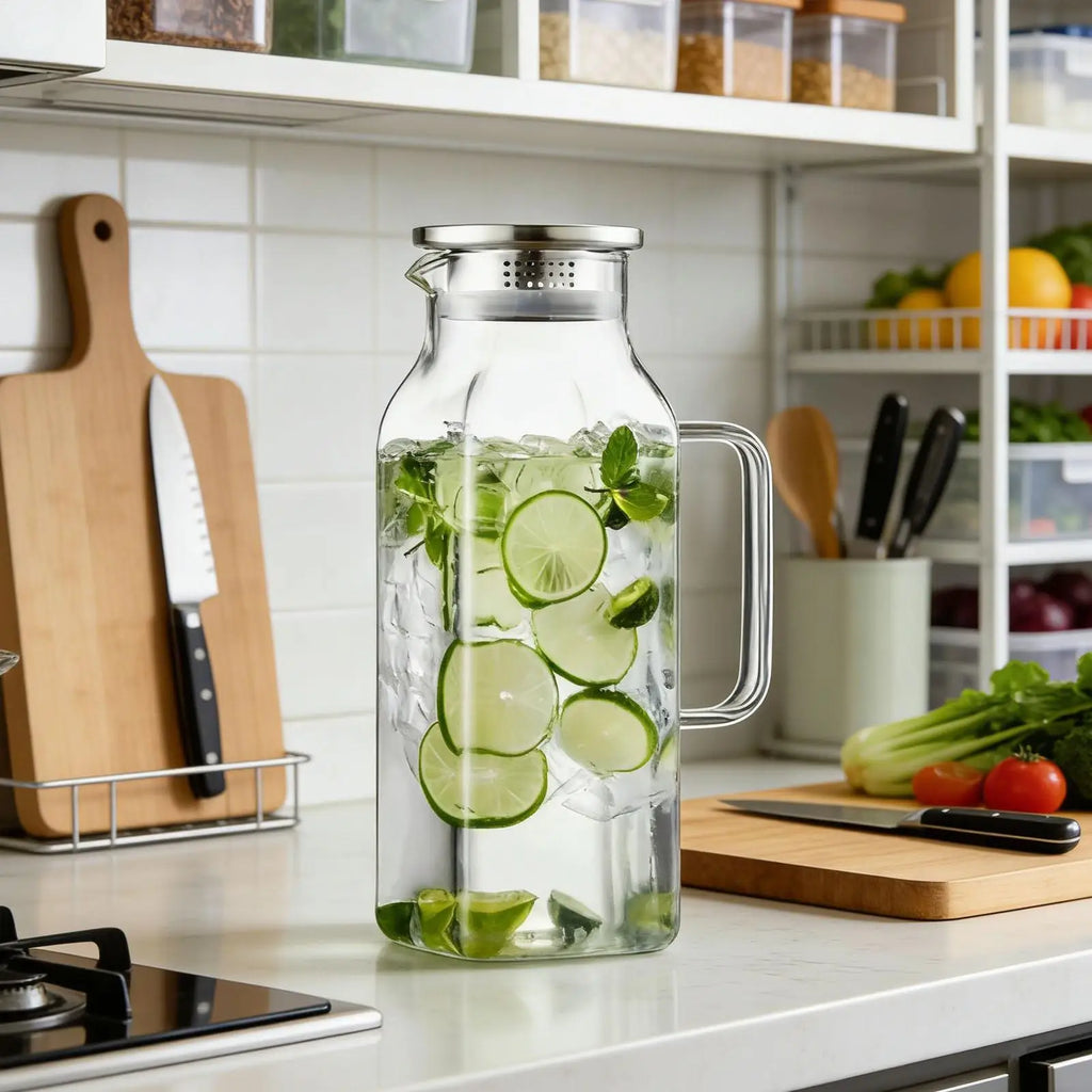 Borosilicate Glass Straight Water Pitcher Stainless Steel Lid