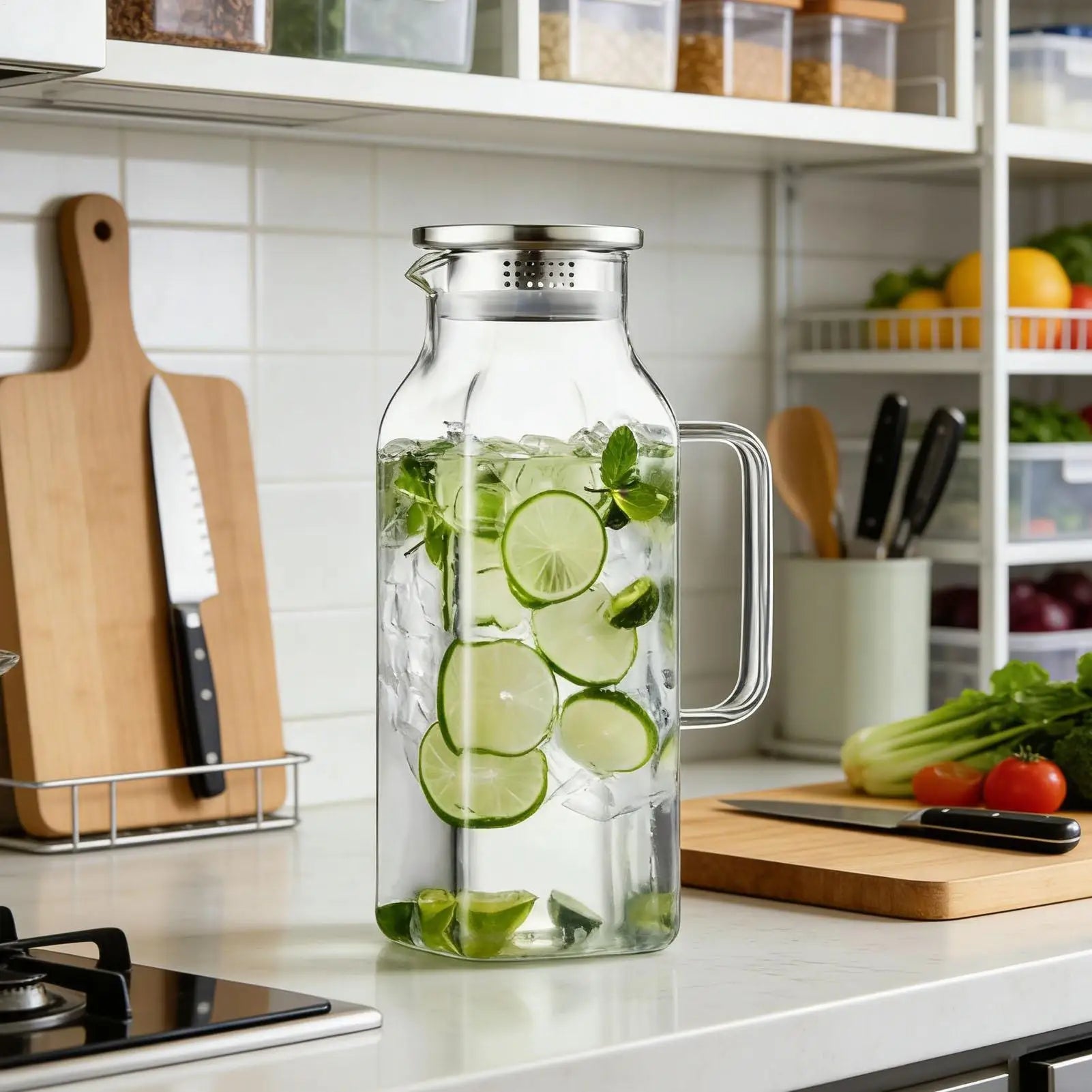 Borosilicate Glass Straight Water Pitcher Stainless Steel Lid
