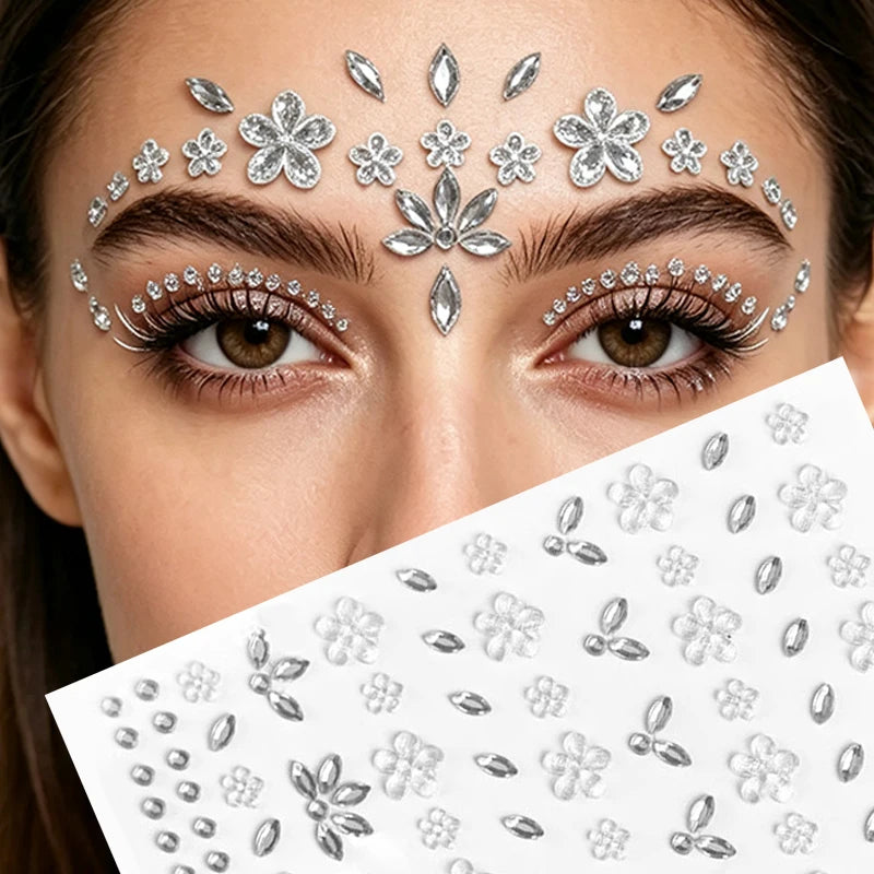 1/6 Sheet New Flower Face Sticker 3D Petal Rhinestone Eye & Face Tattoo Sticker Self Adhesive Crystal Jewel Diamond Stickers Zpaxo White