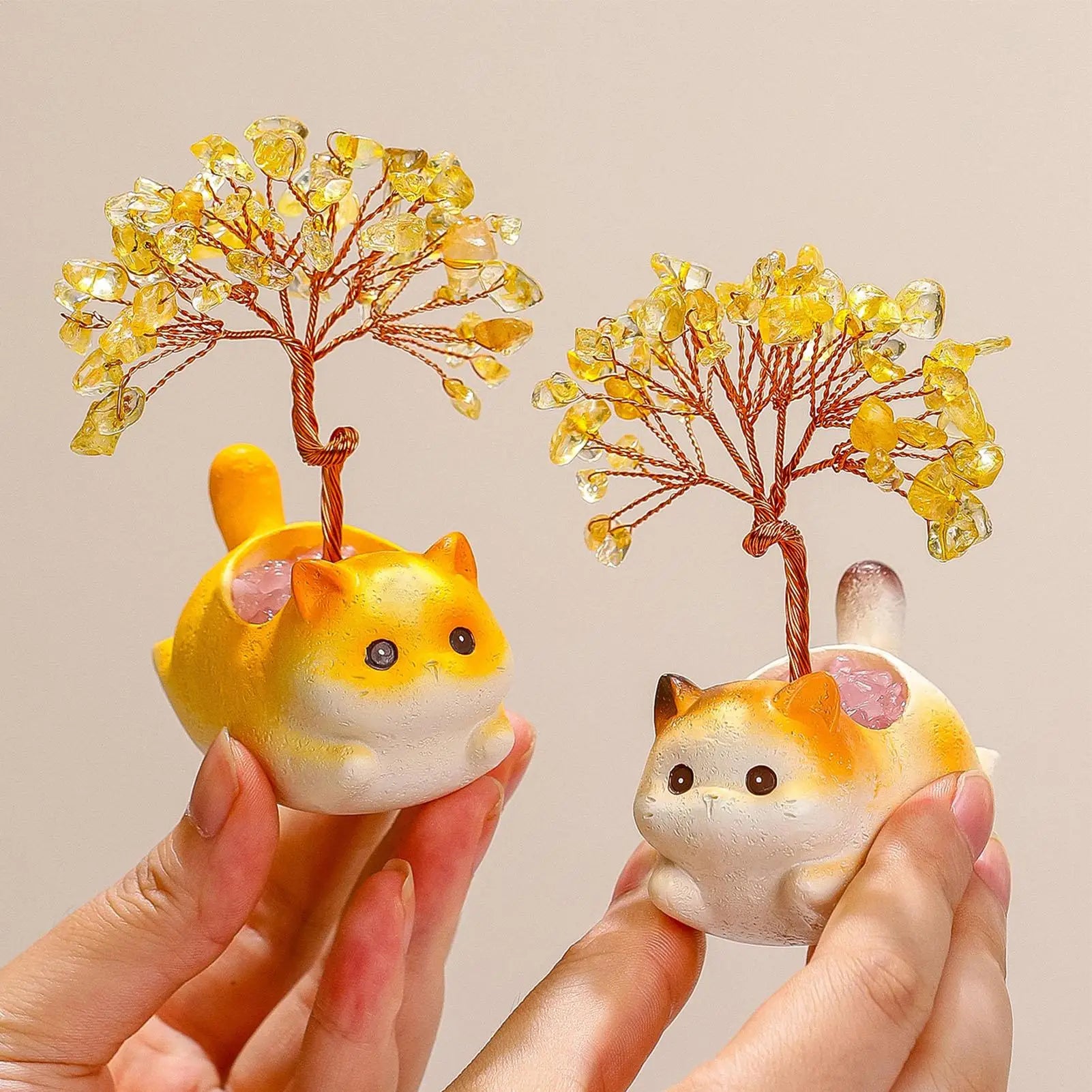 Citrine Crystal Money Tree Cute Kitten Statue Cat Decoration Desk Car