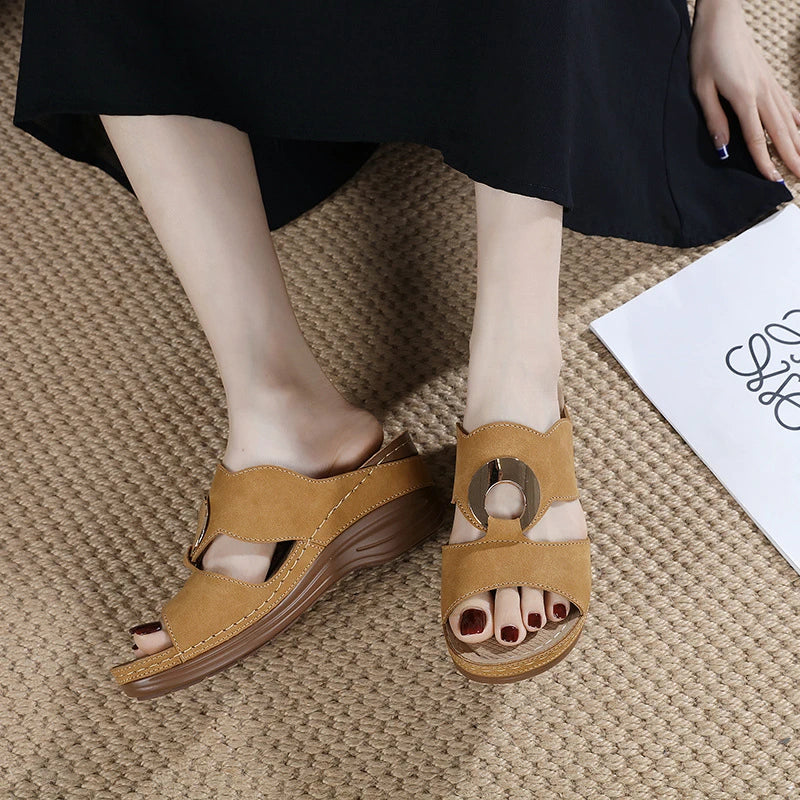 Wedge Slide Sandals Metal Ring Decor Faux Suede Upper Comfortable Zpaxo