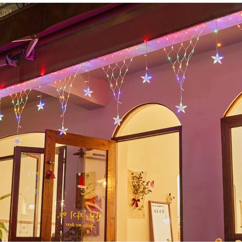 Solar Net Lights Outdoor Curtain Fairy Lights Hanging Stars LED String EU Plug Lamp for Wedding Party Holiday Christmas Decor Zpaxo