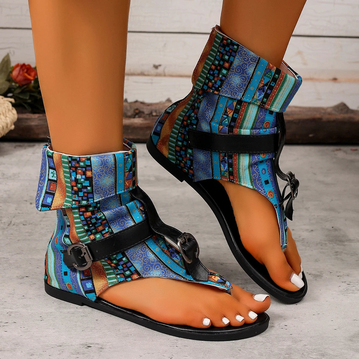 2026 Women Sandals Summer Clip Toe Roman Denim Belt Buckle Flat Boots Zpaxo