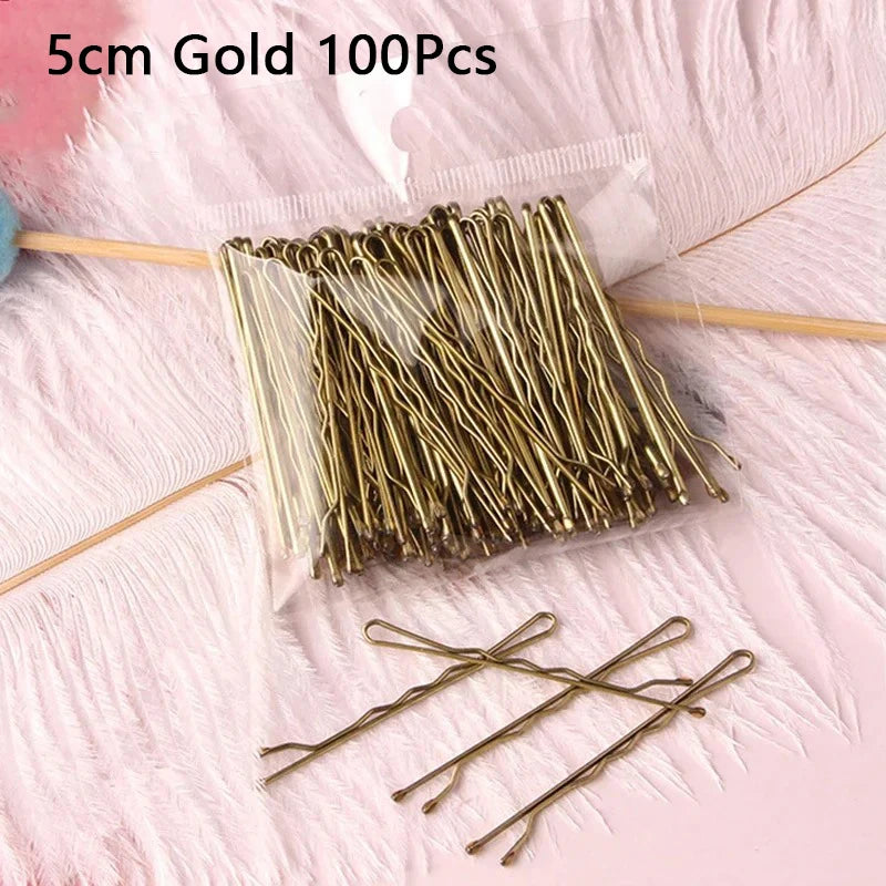 Women Black Hair Clip Metal U-shaped Bobby Pins Wavy Hairpin Barrette Zpaxo Gold-100Pcs