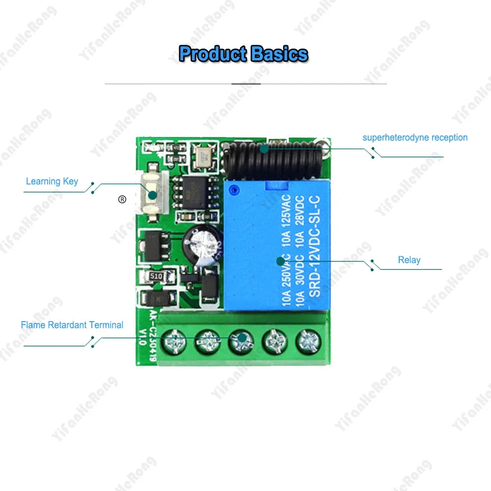 DC 12V 1CH Relay Receiver Module AB/ON 2 Buttons Wireless Remote Control Switch 433 Mhz RF Transmitter Electronic Lock Control Zpaxo