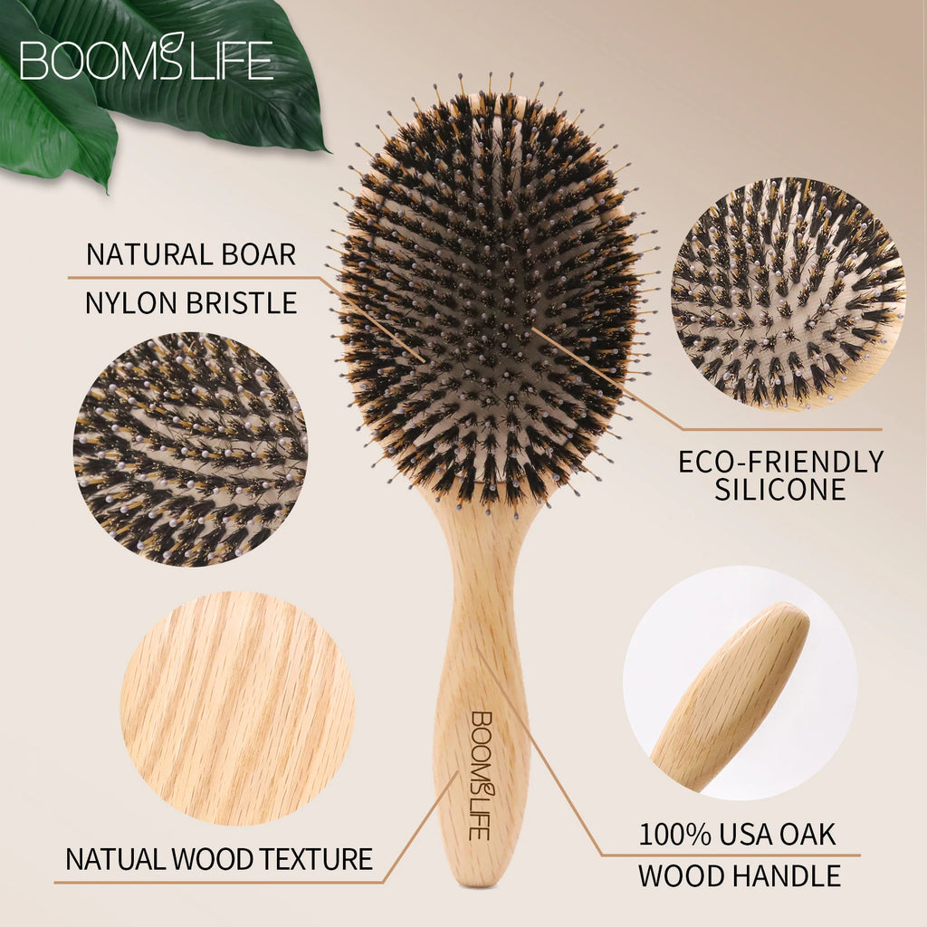 Custom Boar Bristle Hair Brush Peine OAK Wood Comb Women Hair Styling Scalp Massage Hairbrush Salon De Beaute Barber Accessories Zpaxo
