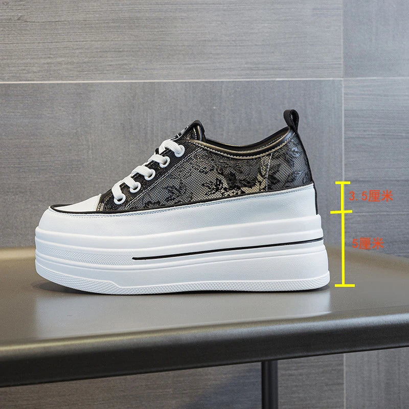 Womens Black Mesh Surface Floral Embroidery Platform Sneakers Hidden Zpaxo