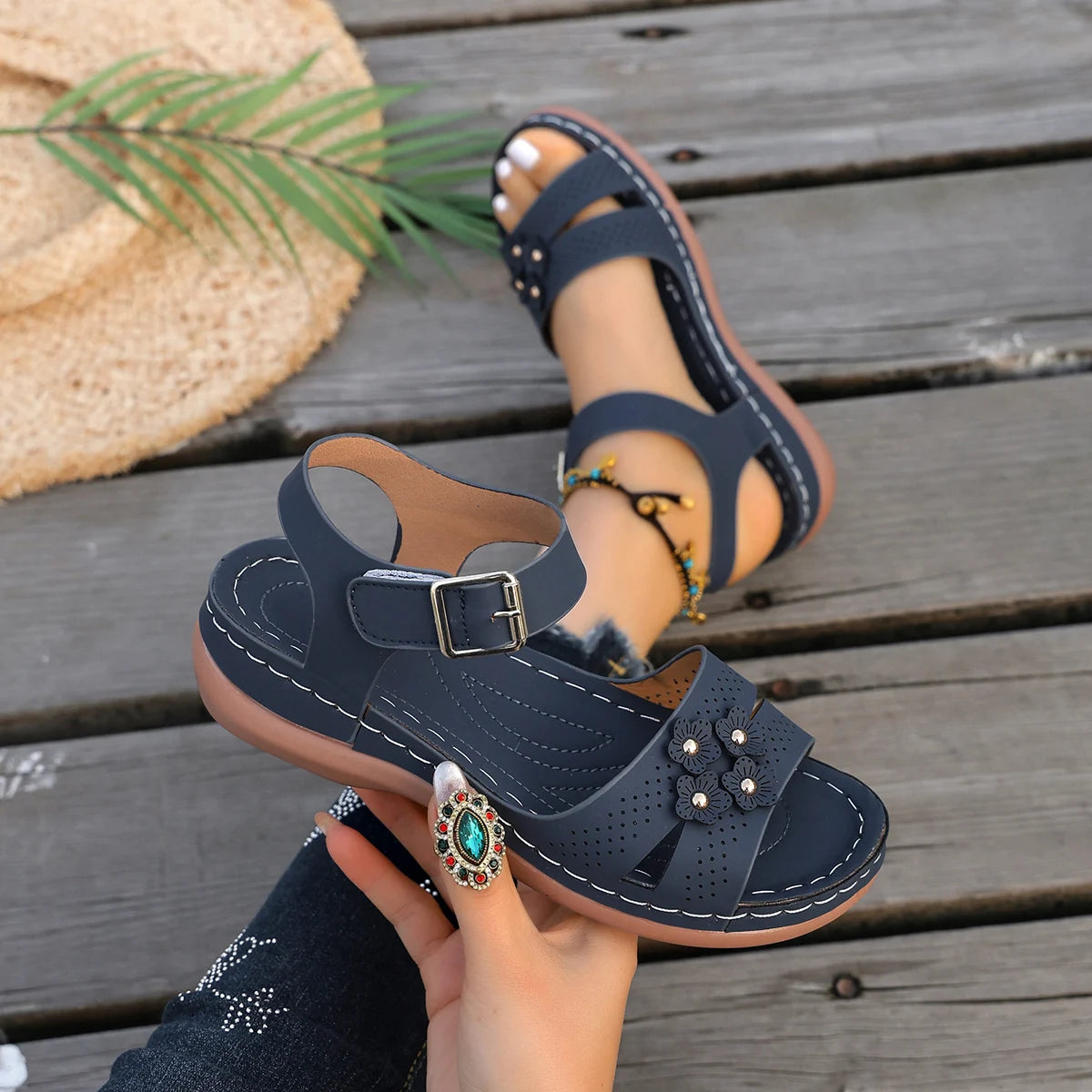 Women Sandals Plus Size Ankle Buckle Wedge Shoes Woman Retro Flower Platform Sandals Women Comfort Non Slip Orthopedic Shoes Zpaxo Blue 43