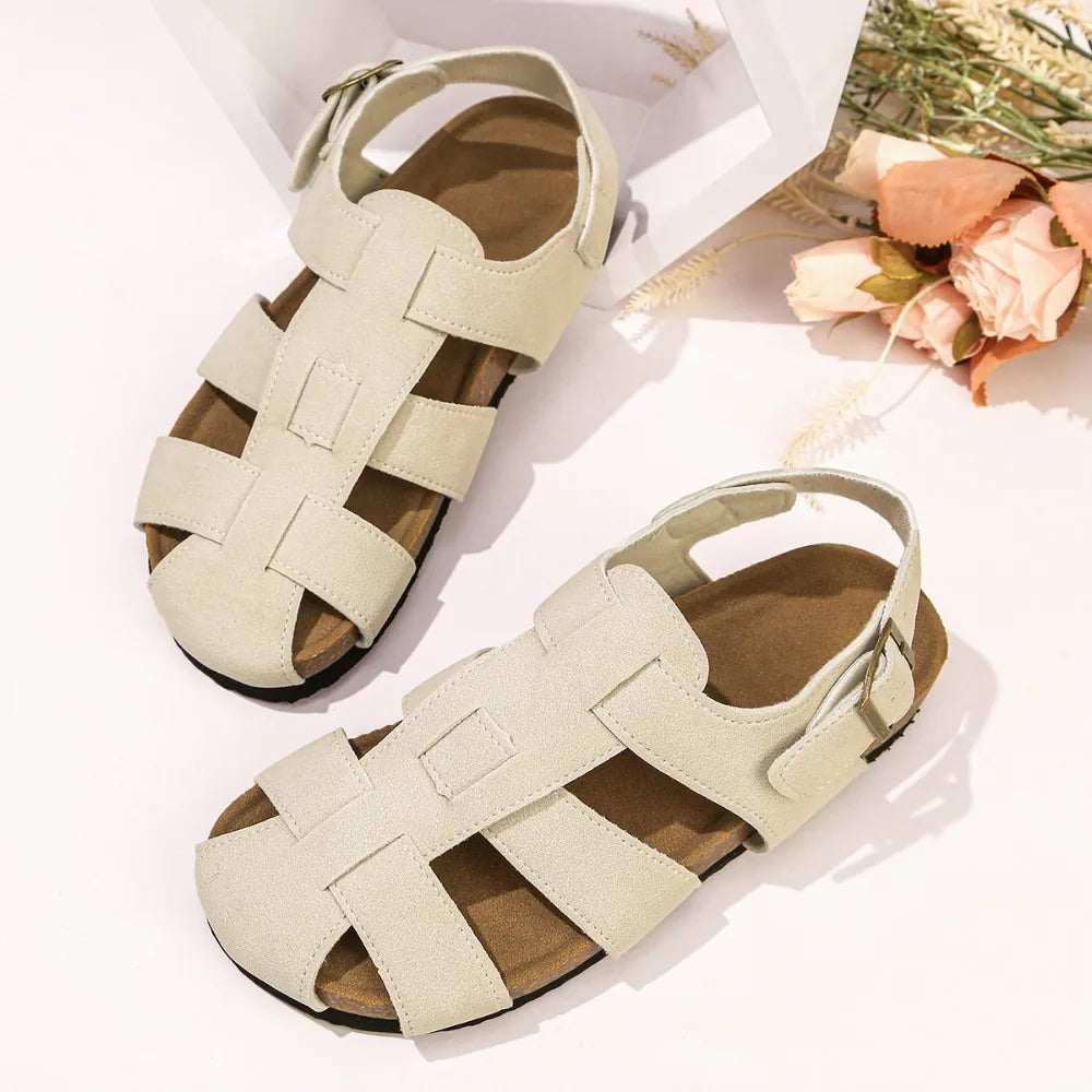 Women's Solid Retro Flat Sandals Summer Hollow Woven Baotou Roman