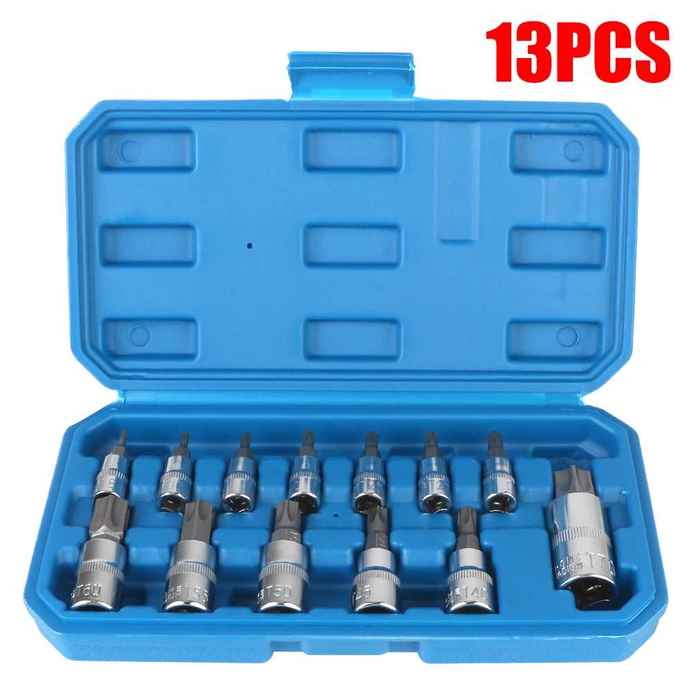 Torx Bit Socket Set For Ratchet Torque Spanner Car Removal Tools 1/4" 3/8" 1/2" Drive Socket Wrench Tools 13 Pcs T8-T70 Zpaxo