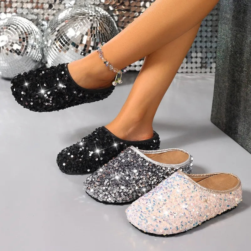 Bling Sequin Wedge Women's Slippers Round Toe Semi-sandals Outdoor Zpaxo