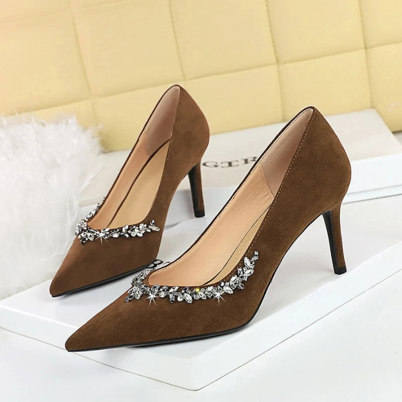 Pointed Toe Suede Heels Rhinestone Shallow Mouth Thin Single Shoes Zpaxo