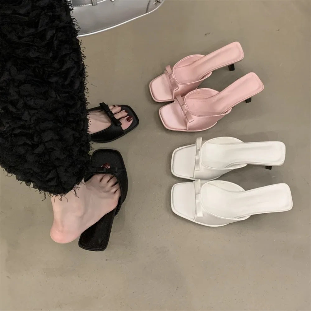 New Women's Slipper Mules Low High Heels Shoes Summer Best Street Look Females Square Head Open Toe Bow Strappy Sandals Zpaxo