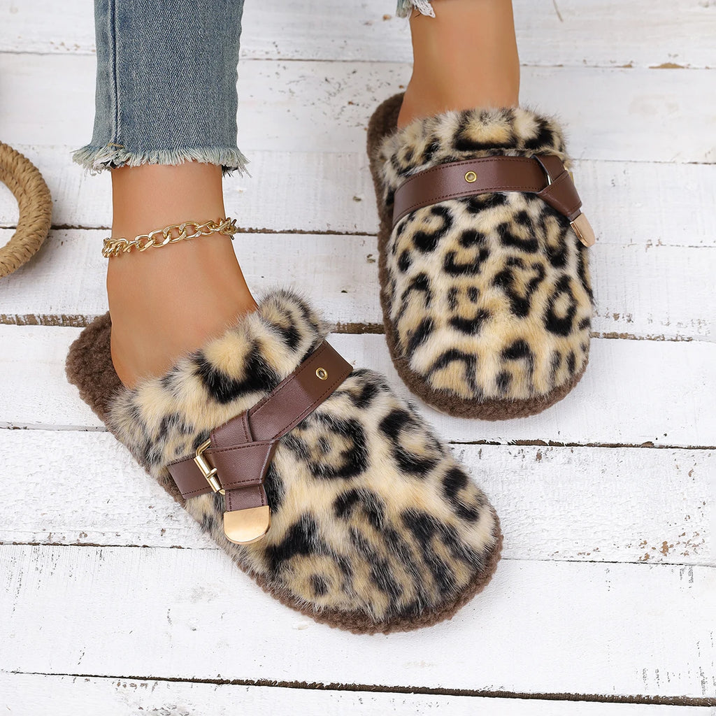 Women Thick Bottom Fur Slippers New Popular Head Cover Cotton Shoes Autumn Winter Outdoor Slippers Leopard Pattern Slides Women Zpaxo