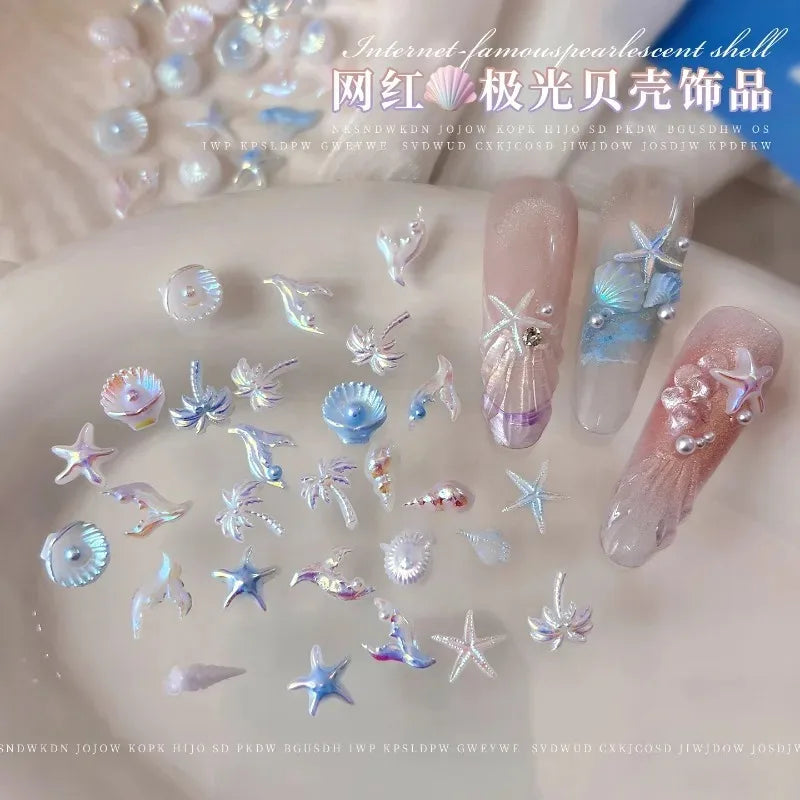 Mixed Summer Aurora Shell Nail Rhinestone Ocean Theme Starfish Coconut Tree Resin Nail Charm Decoration DIY Manicure Accessories Zpaxo