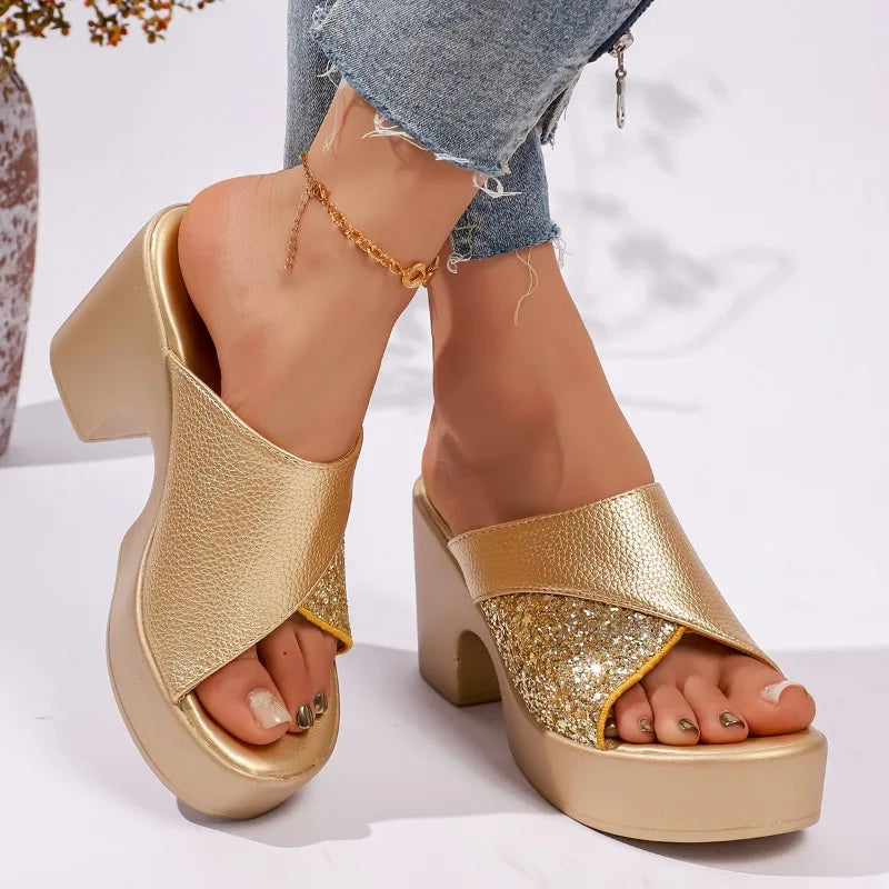 Women's Summer Thick Sole Round Open Toe Vintage Solid Anti Slip Heel Zpaxo