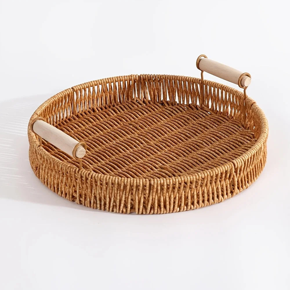 1 Round Handmade Woven Plastic Rattan Storage Basket Wooden Handle