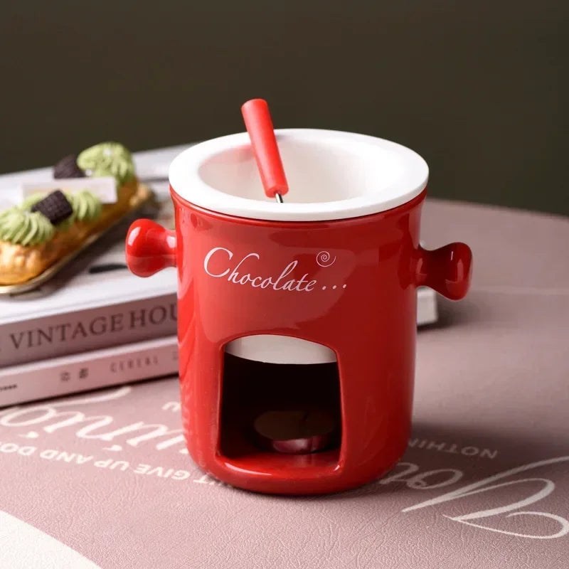 Ceramic Chocolate Melting Mug Set – Chafing Cup with Candle & Fork Ceramic Chocolate Mug Set Zpaxo 301-400ml Red - A