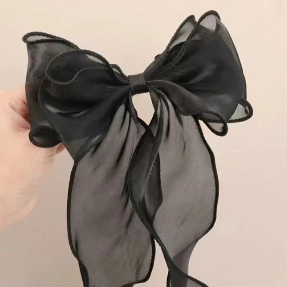 Black Organza Bow Fluttering Ribbon Hair Clips Women French Female