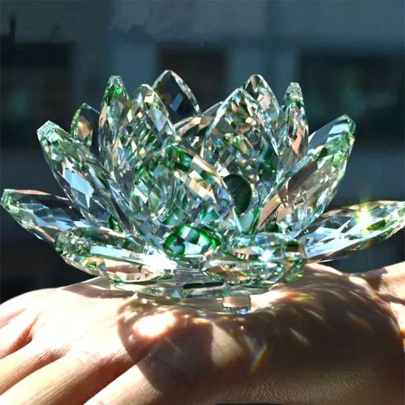 Crystal Lotus Flower Ornament Hand Cut Clear Glass Decor Feng Shui