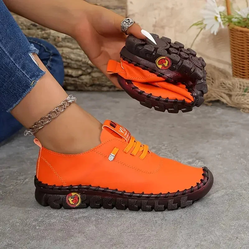 New Women Sneakers Comfortable Soft Leather Loafers Shoes for Women Hand Sewing Thread Mom Shoes Fashion Outdoor Sneakers Women Zpaxo Orange 42