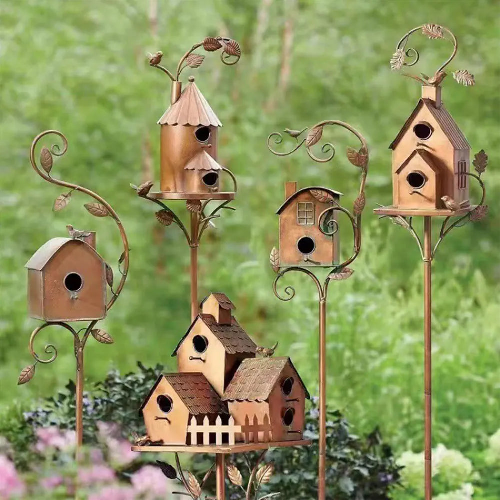 Birdhouse Garden Stakes Outdoor Decor Metal Bird House Art Crafts
