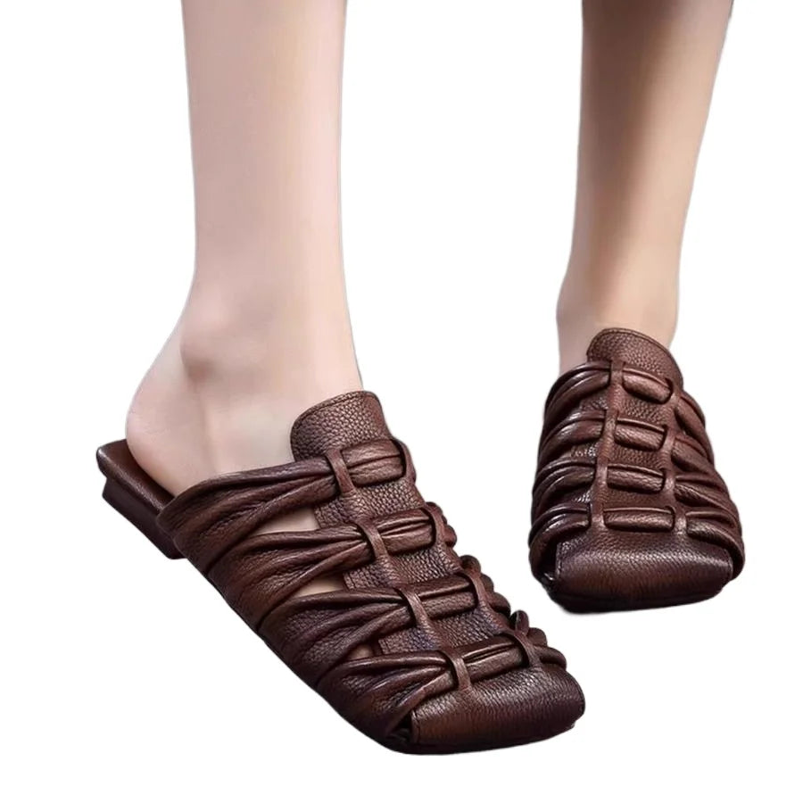 2025 Summer New Genuine Leather Weaving Breathable Square Toe Flat Slippers Retro Versatile Women's Shoes Zpaxo