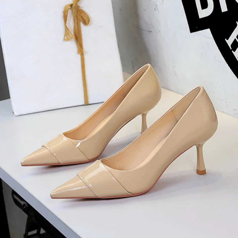 Nude Patent Leather Pointed Toe Kitten Heel Pumps Overlay Strap Zpaxo