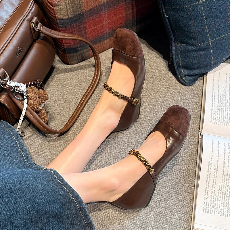 Womens Black Brown Two Tone Square Toe Mary Jane Flats Gold Chain Zpaxo