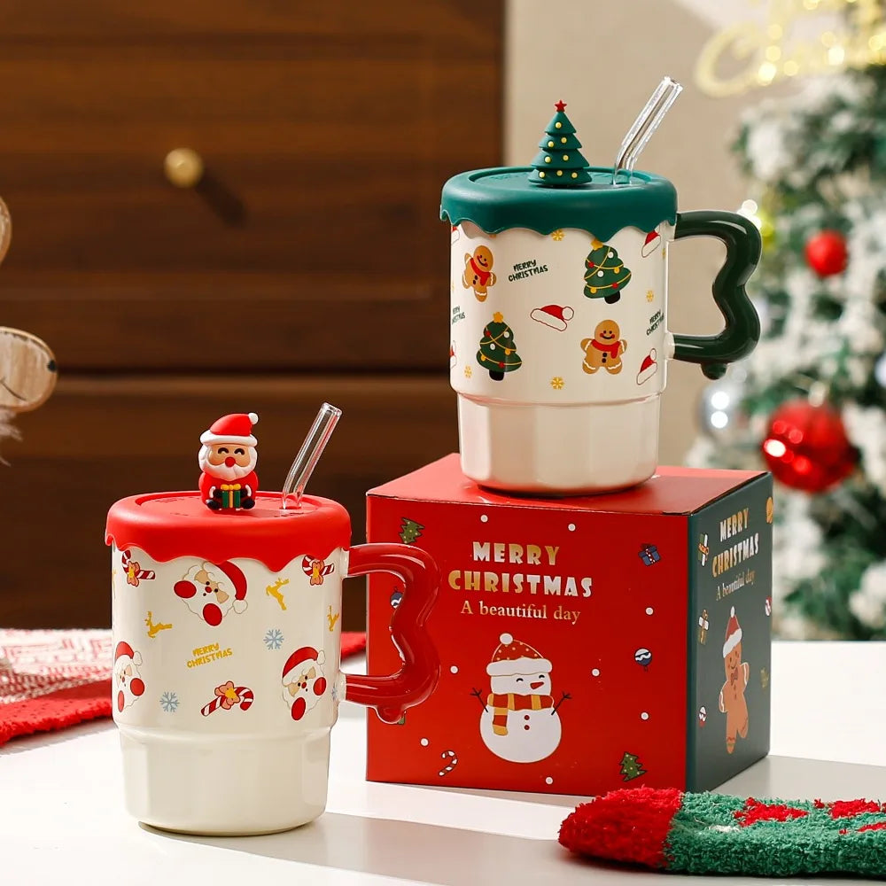 Cute Christmas Mug Lid Spoon Appearance Level Santa Claus Reindeer