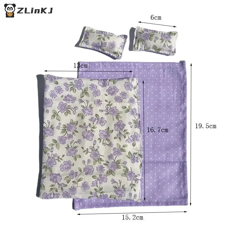 ▶1/12 Dollhouse Miniature Bed Four Piece Bed Set Bed Sheet Quilt Pillow Quilt Cover Bedding Set Doll Bedroom Decoration Toy Zpaxo