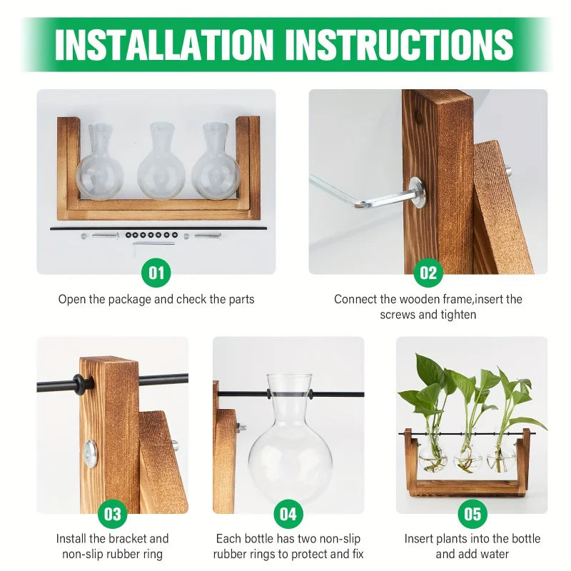 Plant Glass Container Wooden Stand 3 Bulb Planters Nurturing Station