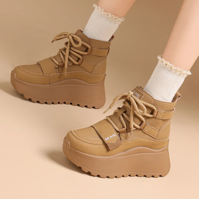 Womens Winter Leather Upper Boots Thick Fleece Lined Sneakers Height Zpaxo