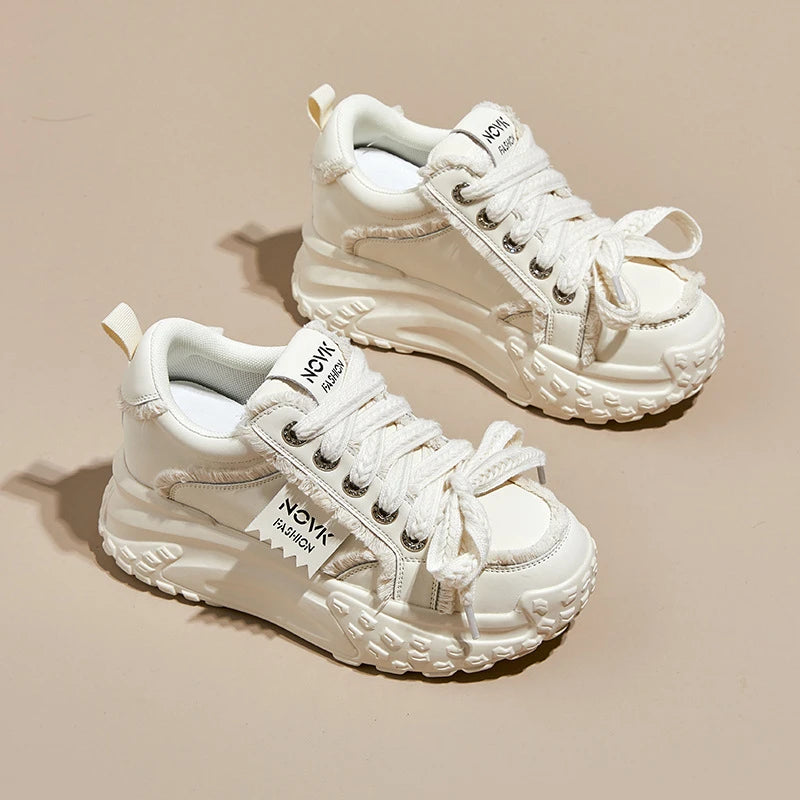 Women's Platform Chunky Sneakers Lace Up Design Sport Tag Detail Two Zpaxo