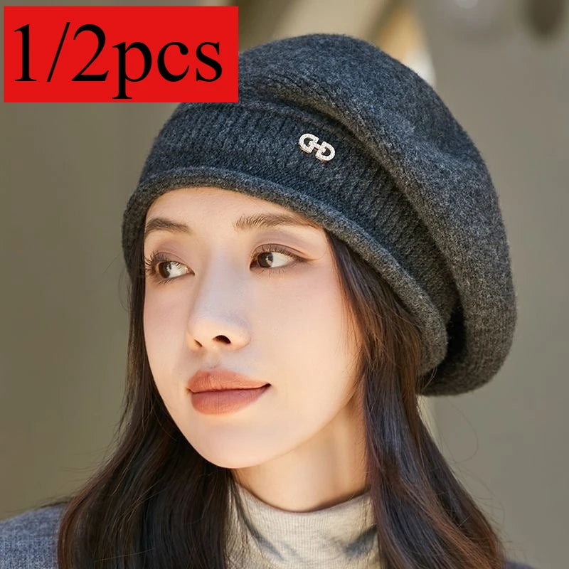 1 Hats Fashionable Versatile Autumn Winter Wool Knitted Middle-aged