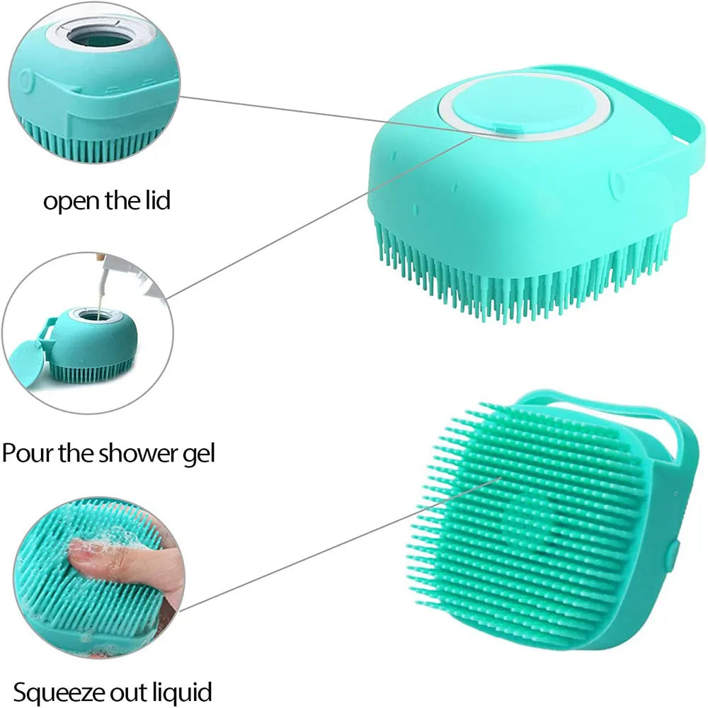 Dog Bathing Brush Pet Massage Shampoo Dispenser Soft Silicone Rubber