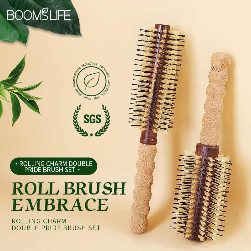 2Style Personalized Boar Bristle Roller Hair Brush Women Round Rolling Brush Cork handle Barrel Curling Straight Twill Hair Comb Zpaxo