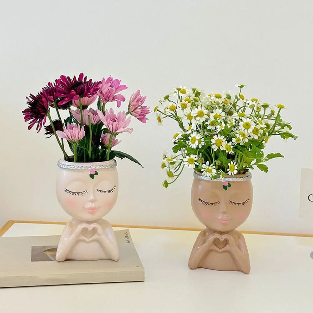 Resin Girl Face Planter with Drainage – Cute Succulent Pot Decorative Face Planter Zpaxo