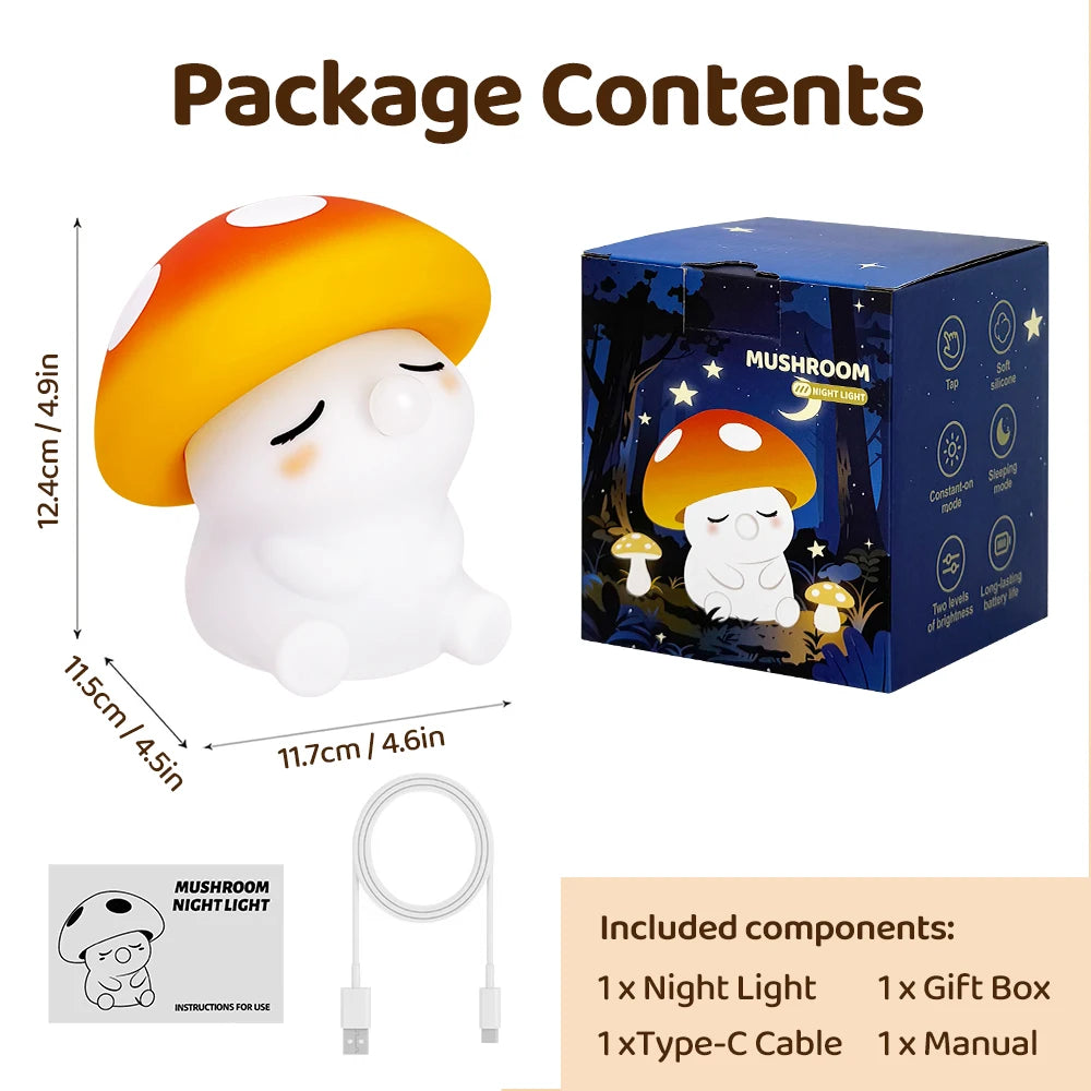 Squishy Mushroom Night Light With RGB Color 2 Brightness Adjustable Nursery Nightlight Rechargeable Silicone Touch Bedside Lamp Zpaxo
