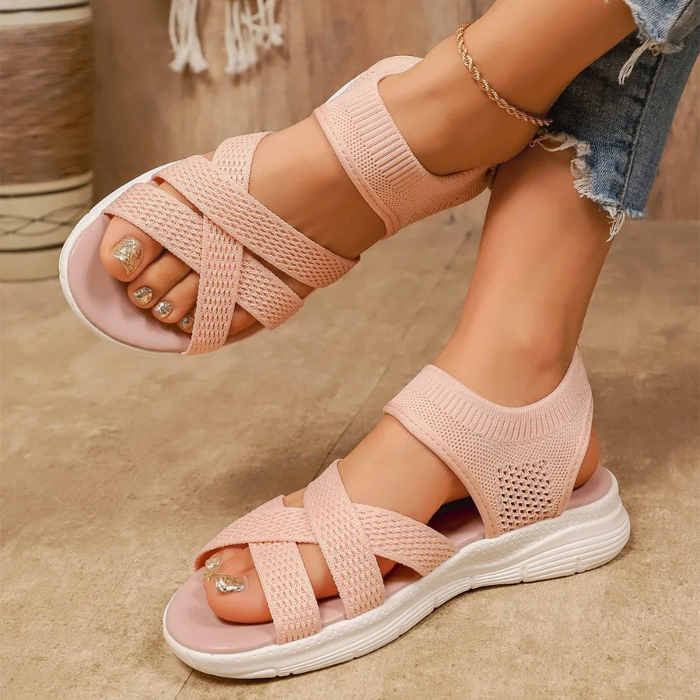 Large Flat Bottom Sandals Women's Breathable Elastic Sporty Summer