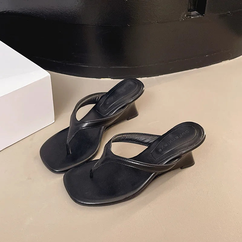 French Sandals Clip Flip-flops Fairy Shoes Summer Outwear Heightened New Simple Clip Toe Wedge Sandals Zpaxo black 36