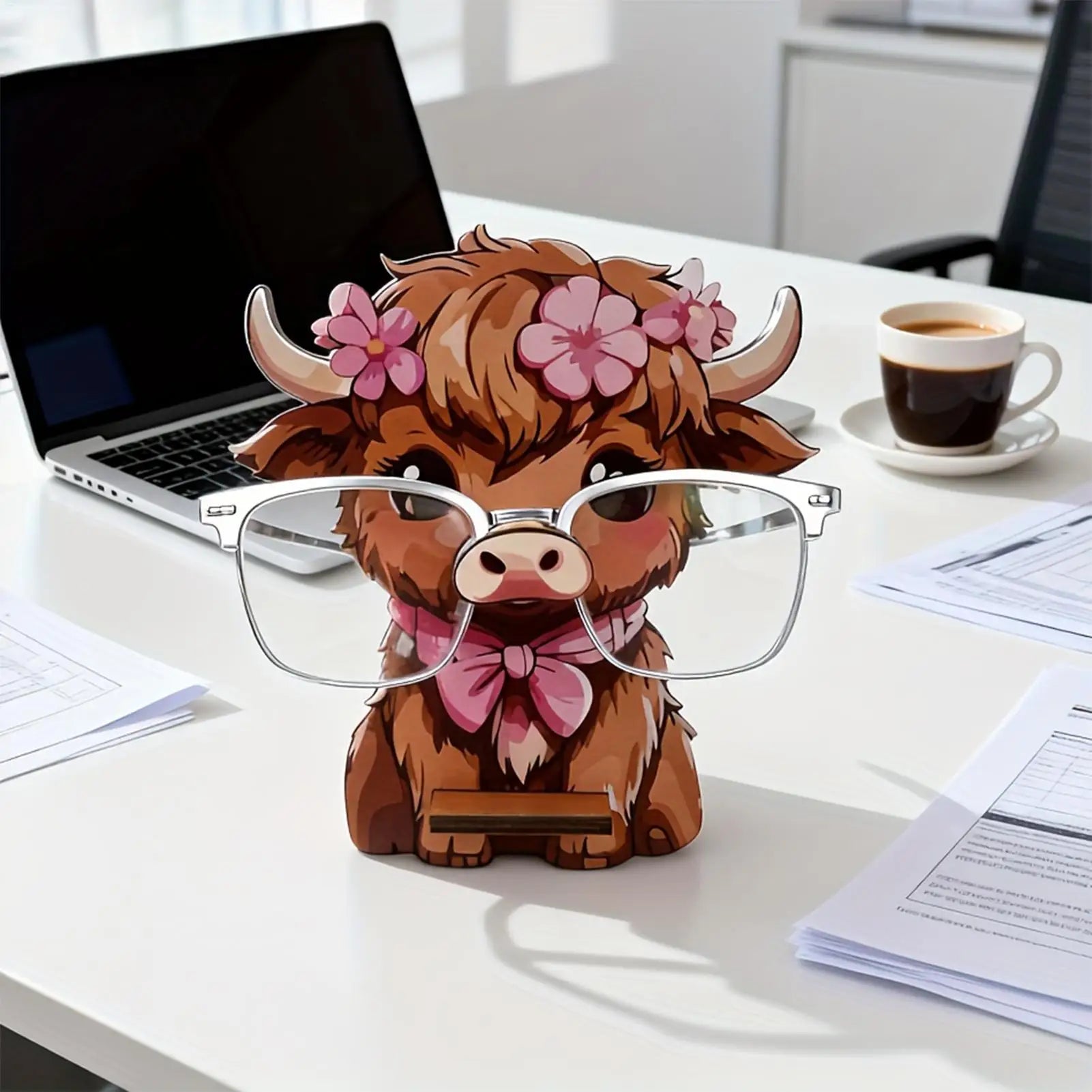Cow Shape Glasses Holder Organizer Wooden Eyeglasses Stand Desk Decor