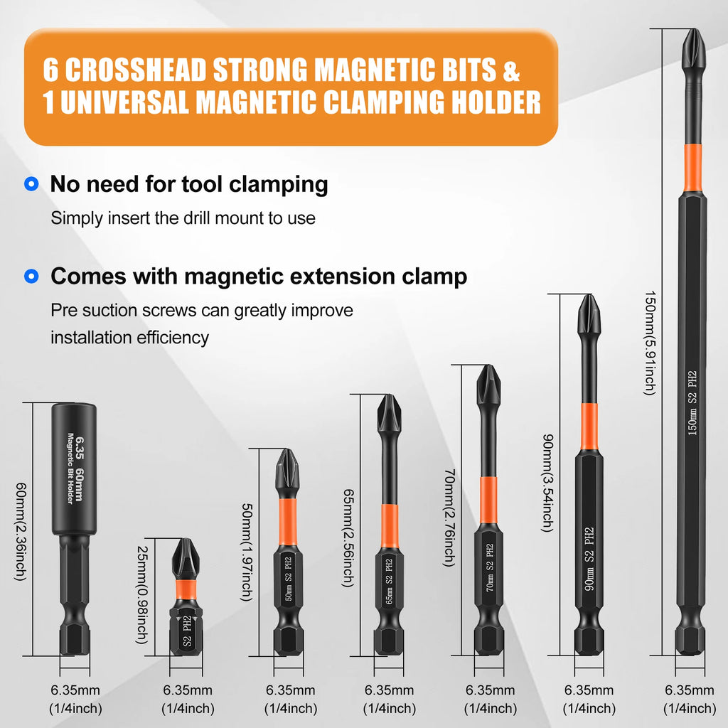 7pcs Cross Head Screwdriver Bit 25-150mm Magnetic Impact Driver Bit Chromium Molybdenum Steel 1/4 Inch Hex Shank for Screw Power Zpaxo 7pcs 25mm-150mm