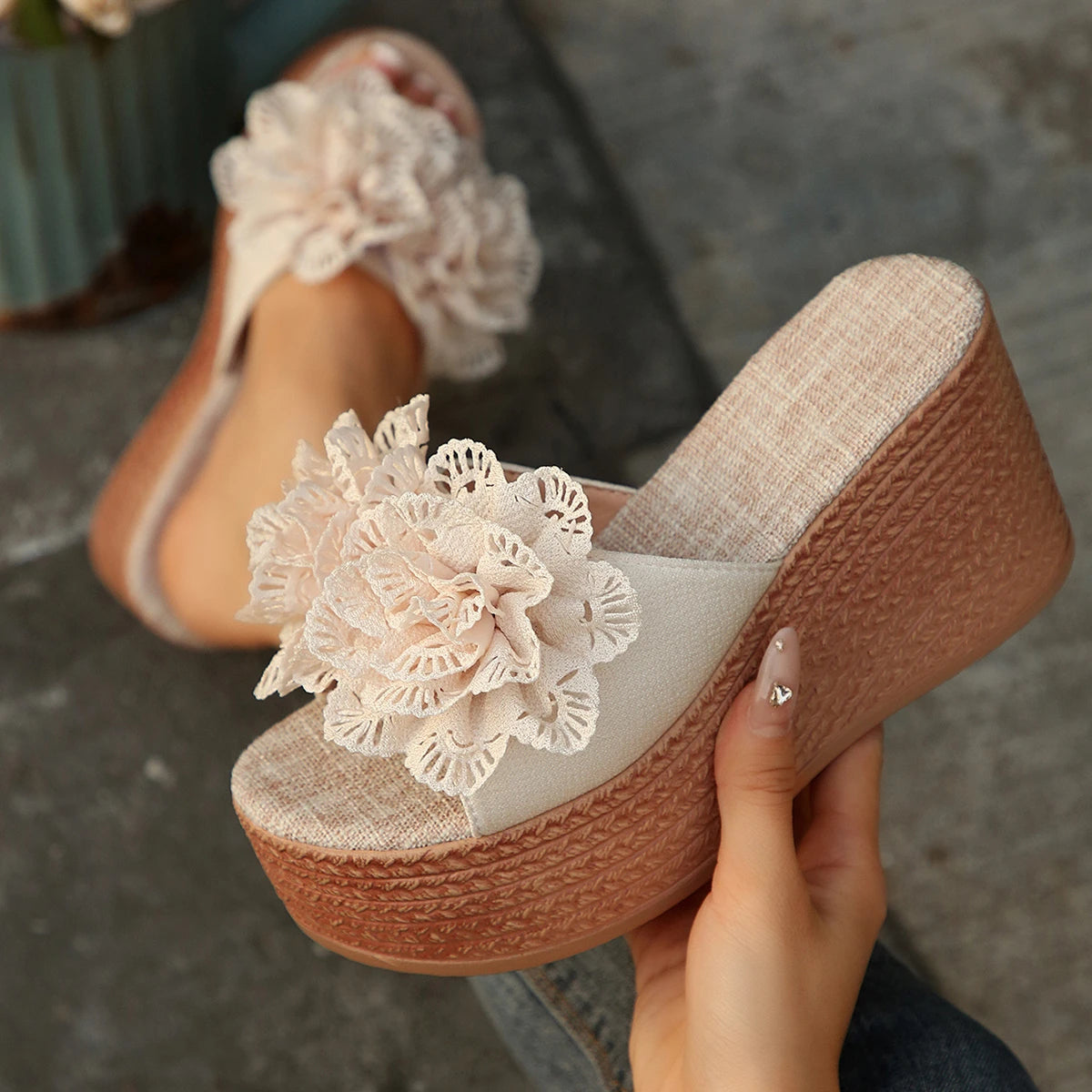 Women Wedges Sandals Summer Beach Platform Shoes Lightweight Flower Zpaxo Beige 41